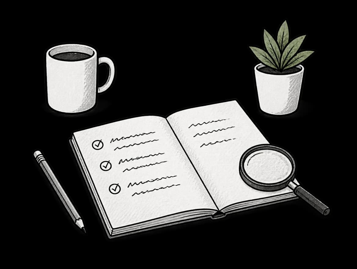 An open notebook with three ticked notes, a pencil, a magnifying glass, a mug and a plant