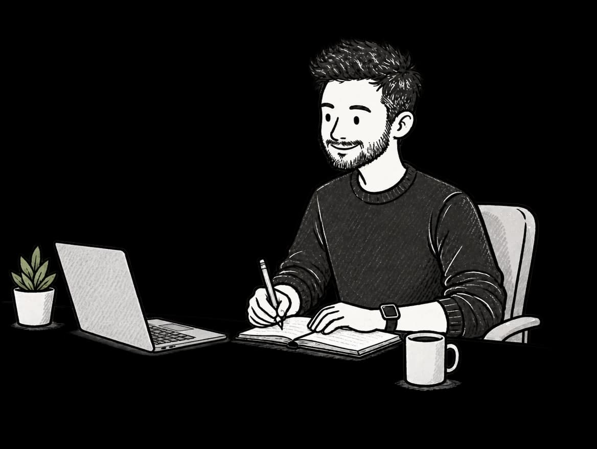 Roy at his desk, writing review notes in a notebook