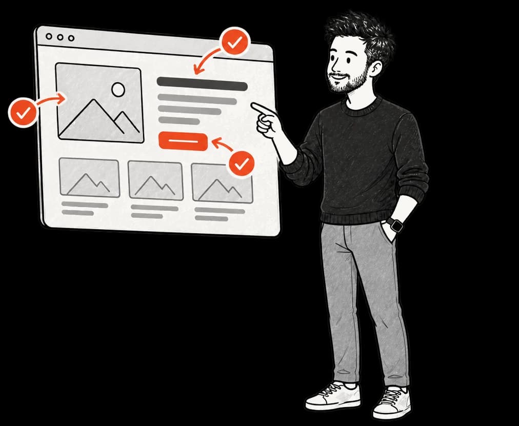 Roy pointing at a browser window with three ticked improvements